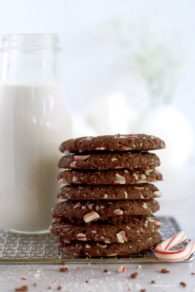 stack of double peppermint chocolate cookies and a glass of milk