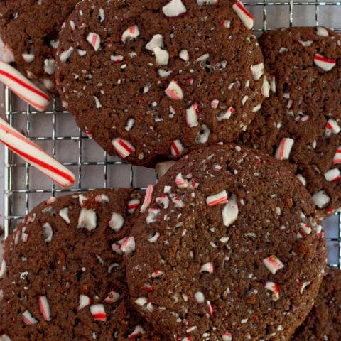 double peppermint chocolate cookies on a cooling rack