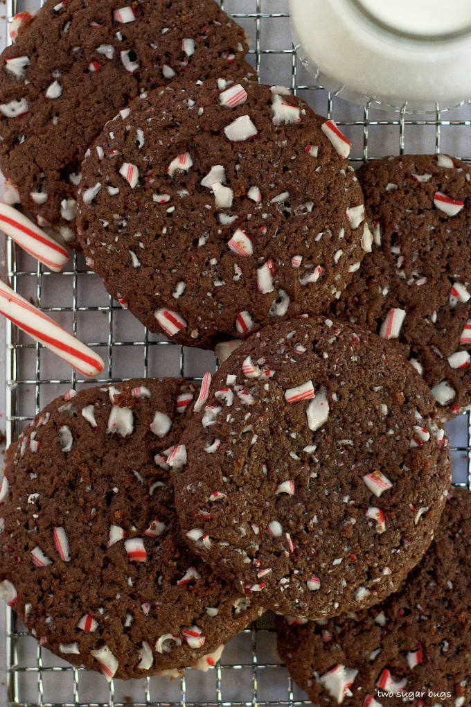 double peppermint chocolate cookies on a cooling rack