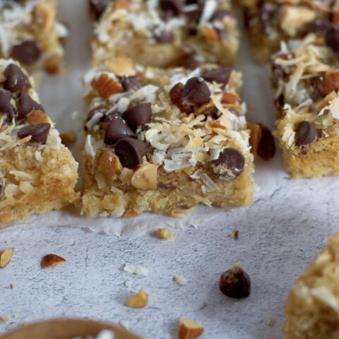 cut brown sugar snack cake bars on parchment paper