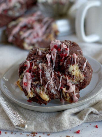 a double chocolate raspberry roll on a plate