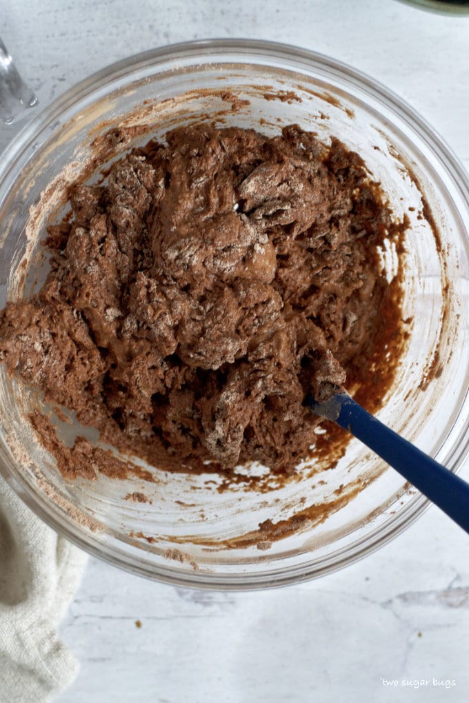 no yeast chocolate dough combined in a glass bowl