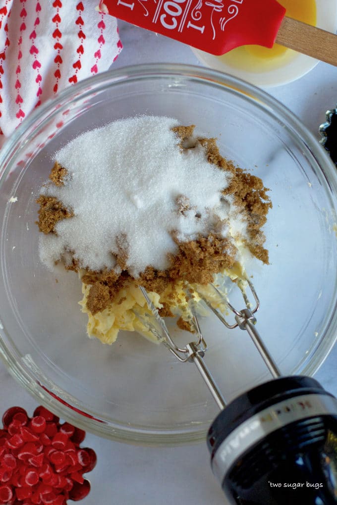 butter, brown sugar and granulated sugar in a bowl