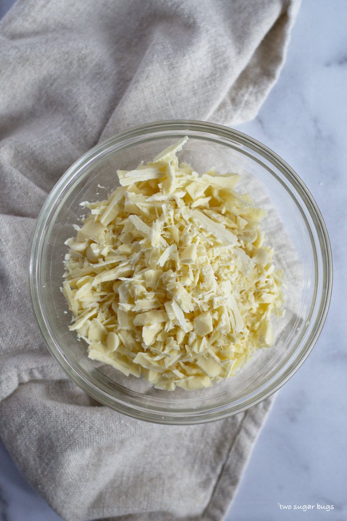 chopped white chocolate in a bowl