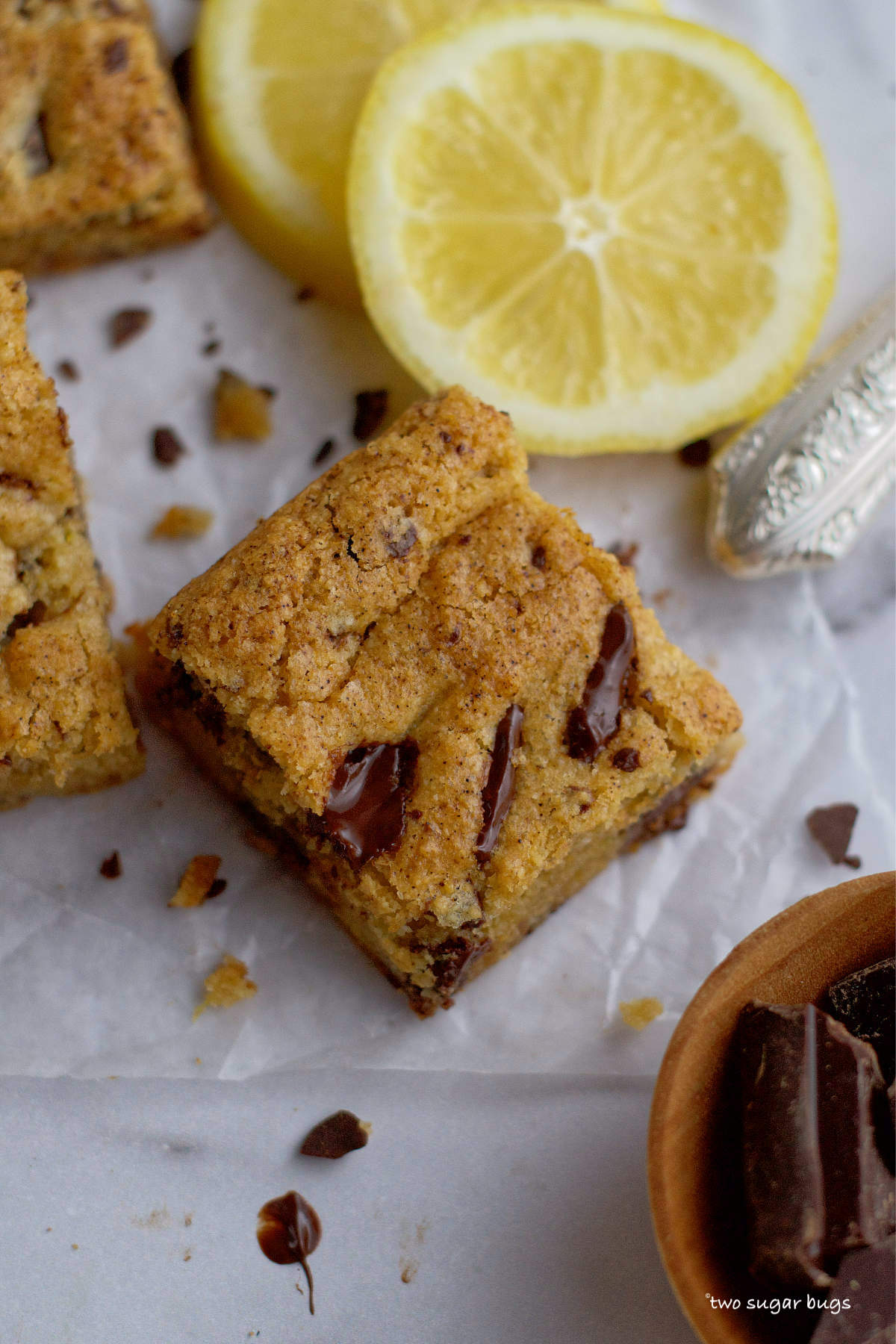 Lemon Almond Cookie Bars with Dark Chocolate - two sugar bugs