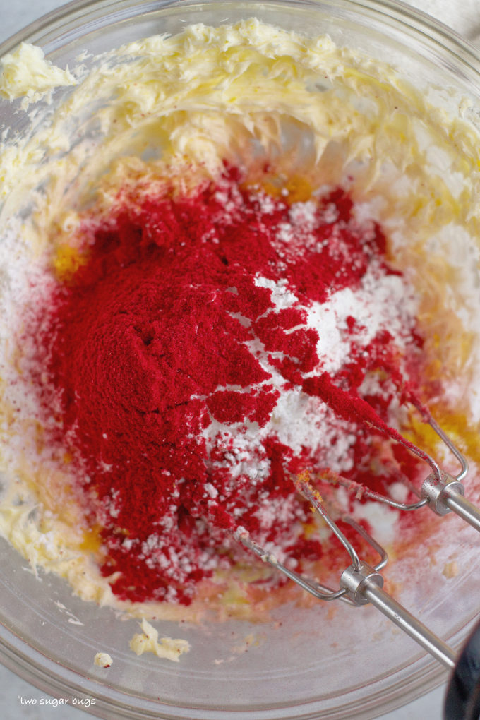 raspberry buttercream ingredients in a bowl