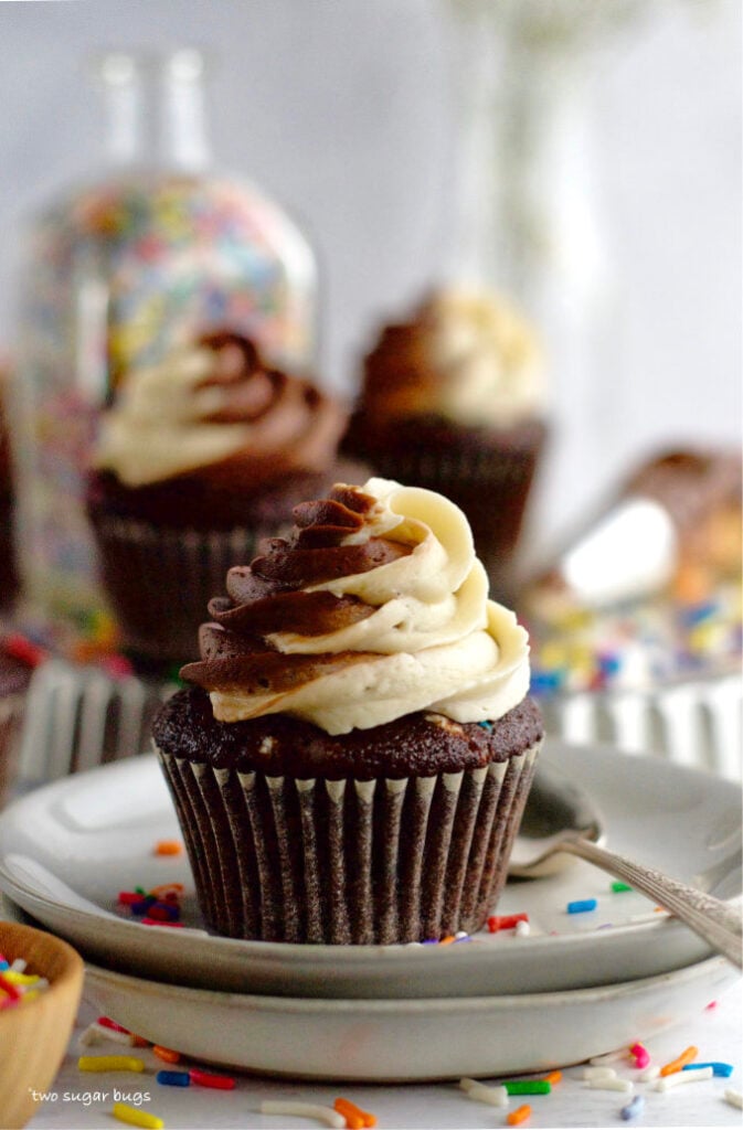 chocolate and vanilla buttercream swirl on a small batch chocolate cupcake on a plate