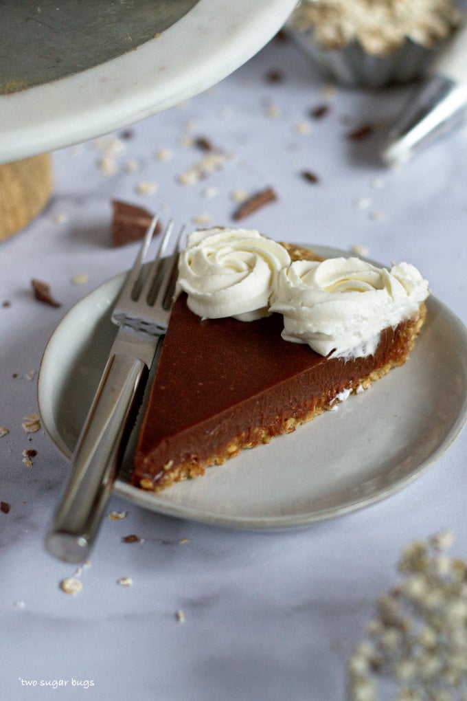 slice of malted chocolate ganache tart on a plate with a fork