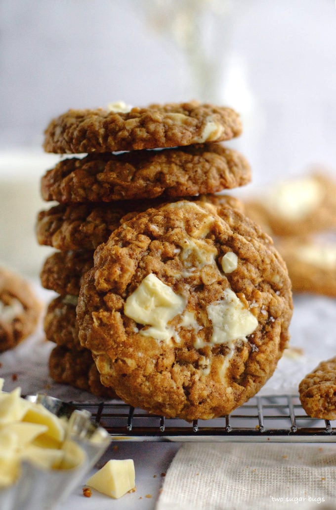 Brown Butter Oatmeal White Chocolate Cookies ~ two sugar bugs