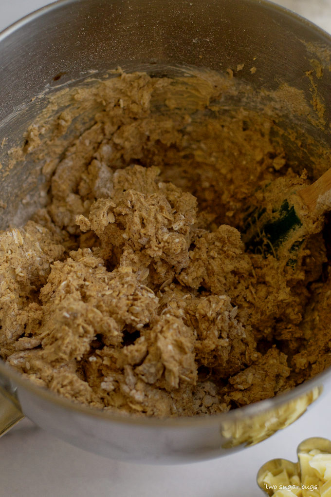 oatmeal and flour ingredients mixed into wet ingredients