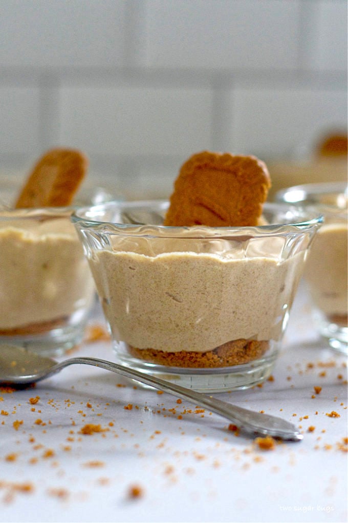 3 ingredient biscoff cookie mousse in a glass serving cup with a cookie on top