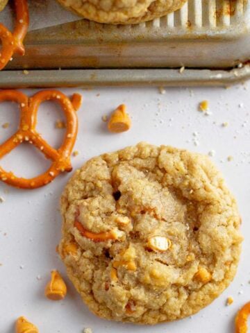 single butterscotch pretzel cookie sitting on the counter