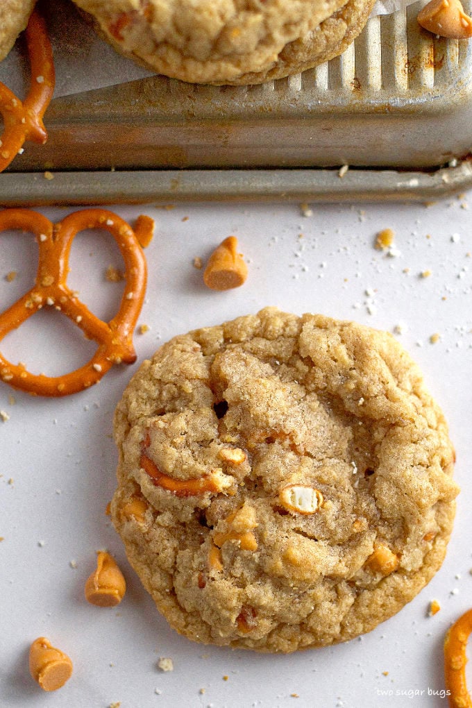 single butterscotch pretzel cookie sitting on the counter