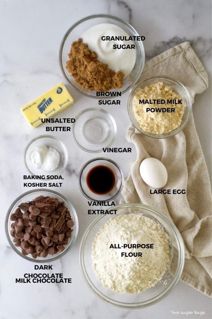 ingredients for malted chocolate chip cookies