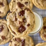 pinterest graphic for no chill malted chocolate chip cookies with melted butter