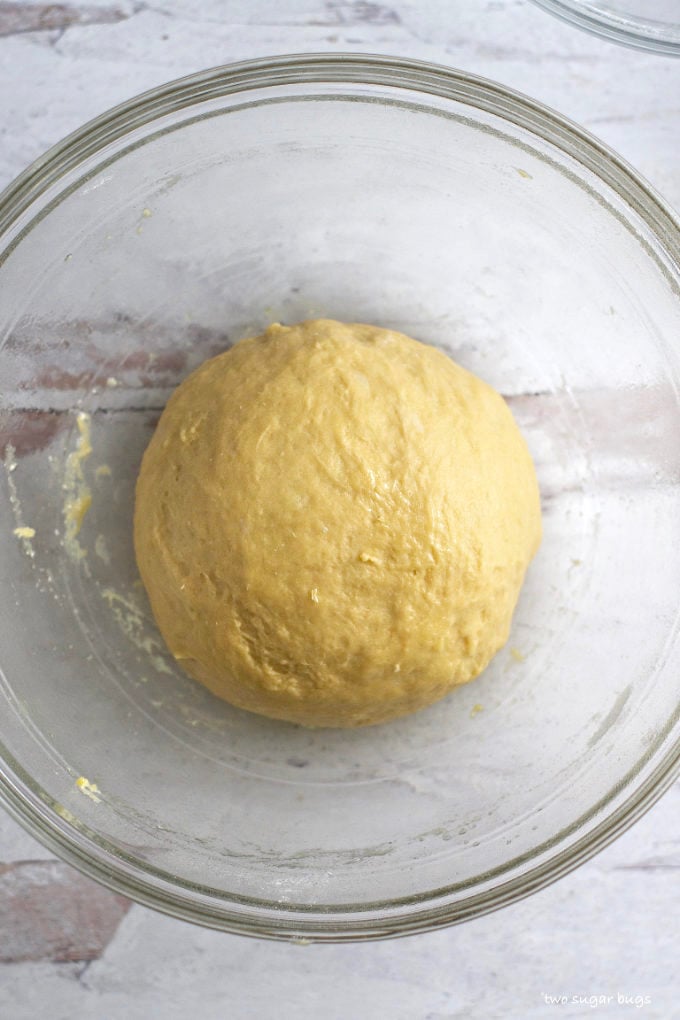 bread dough in a bowl after kneading