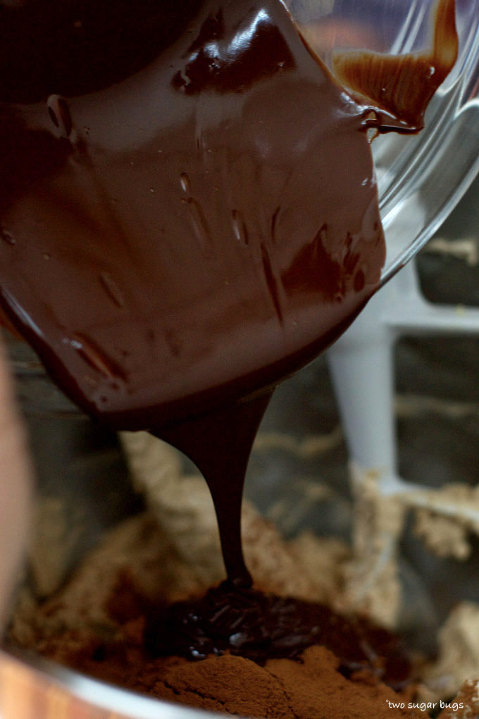 melted chocolate being added to the meringue