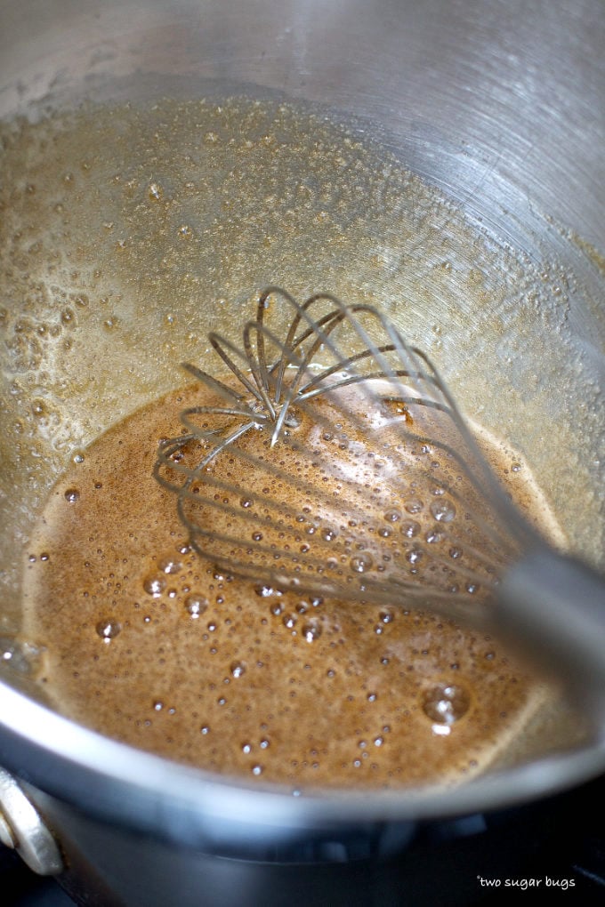 brown sugar meringue for chocolate swiss meringue buttercream base in it's initial stage of being cooked