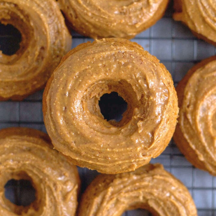 up close overheadlook at a glazed peanut butter donuts