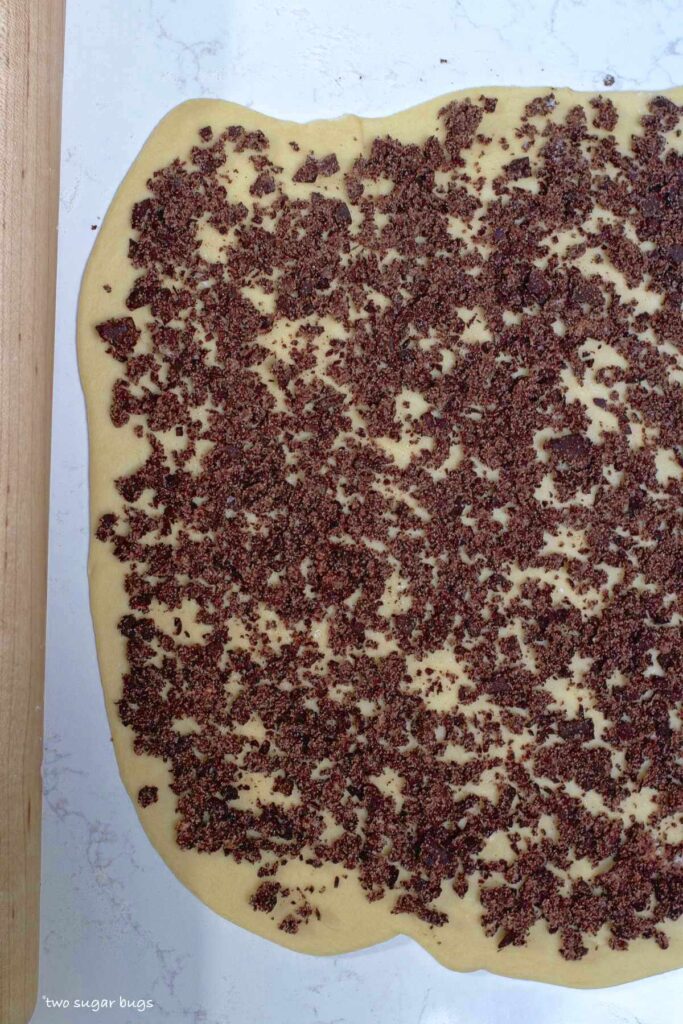 chocolate filling on dough
