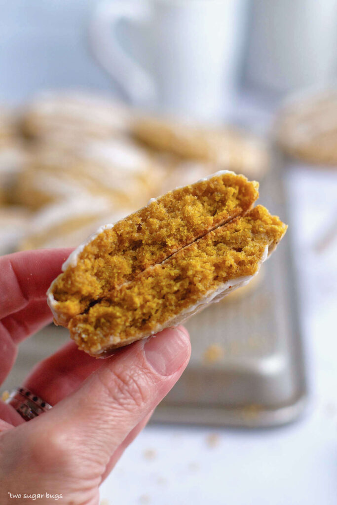 inside look at the cake like texture of pumpkin cake cookies