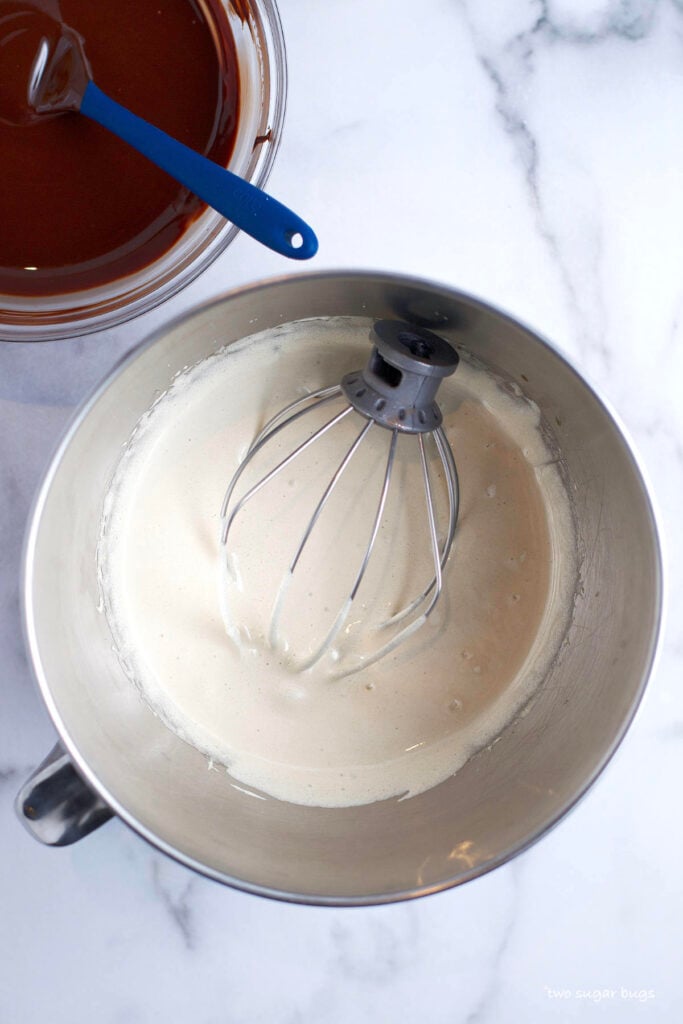 whipped eggs and sugars in the mixing bowl with the whisk attachment