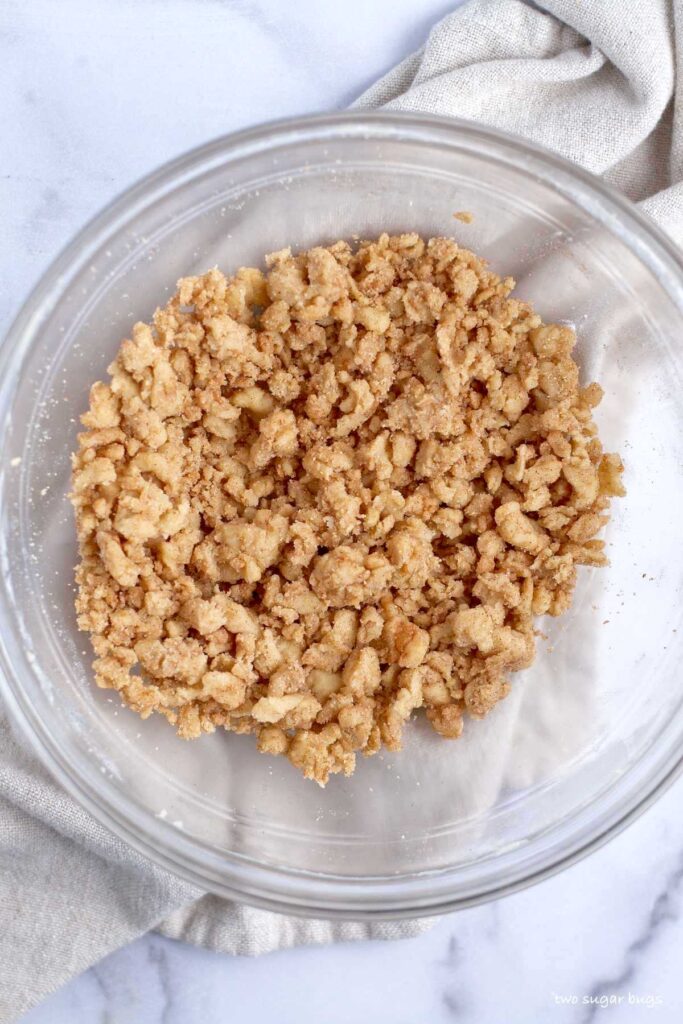 buttery almond crumble topping in a glass bowl