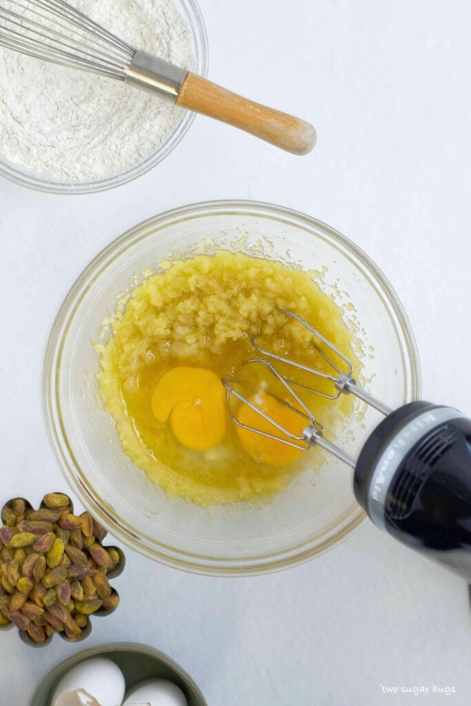 olive oil, sugar and eggs in a mixing bowl