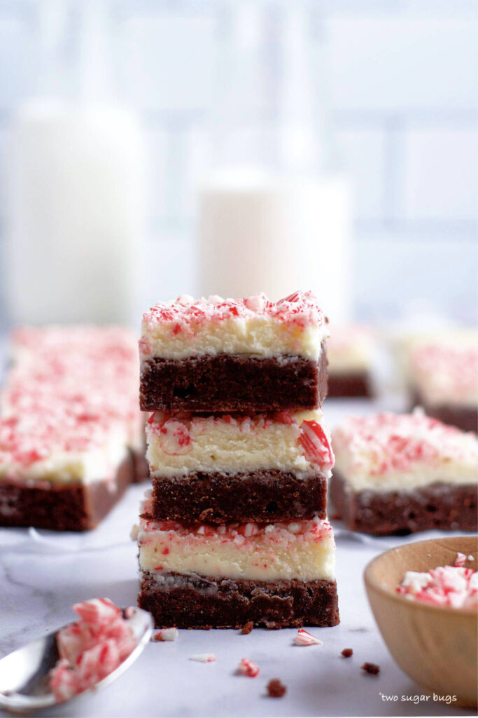 stack of three frosted peppermint brownies