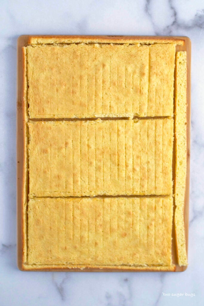 almond sponge cut in three layers