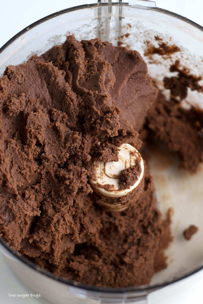 chocolate sugar cookie dough in food processor bowl