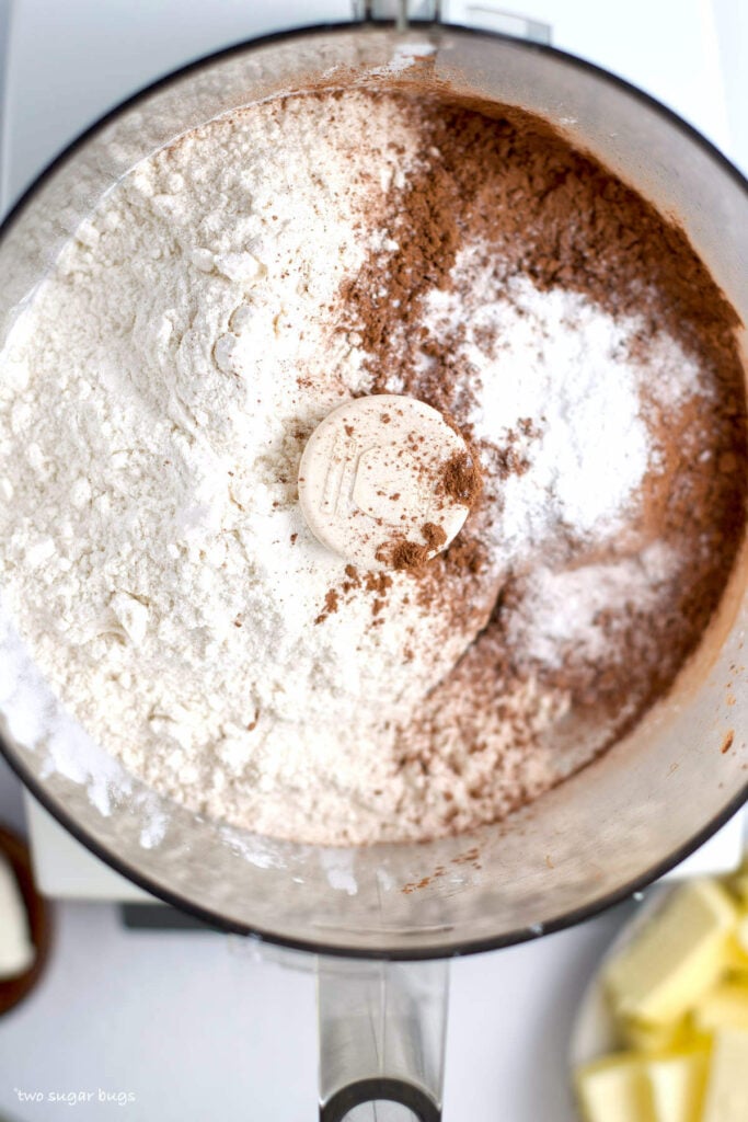 flour, cocoa powder, salt, baking powder and baking soda in food processor bowl