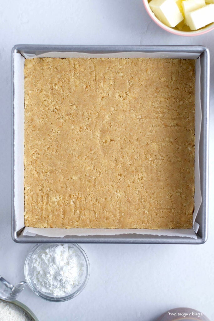 shortbread crust pressed into a baking pan