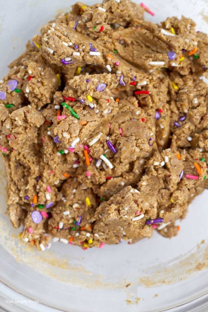 diy birthday cake flavored protein bar dough in a bowl
