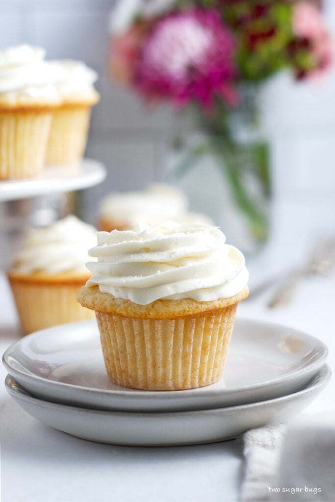 white chocolate buttercream swirl on a cupcake sitting on a plate