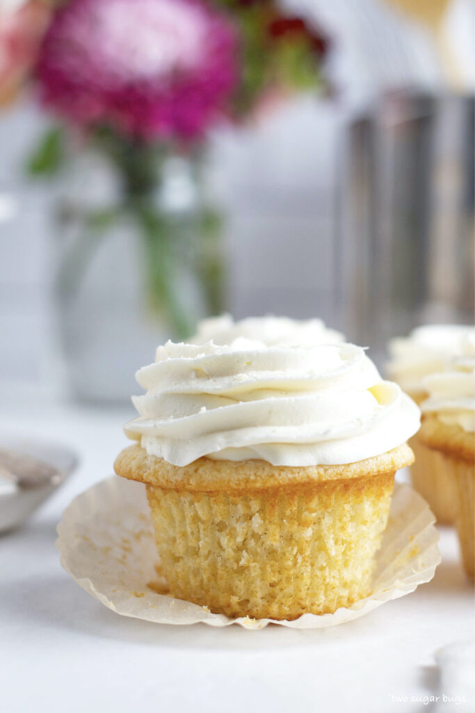 cupcake with the cupcake liner pulled down to show texture