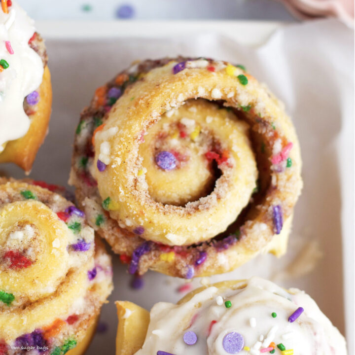 unclose look at the swirls on a baked funfetti cinnamon roll