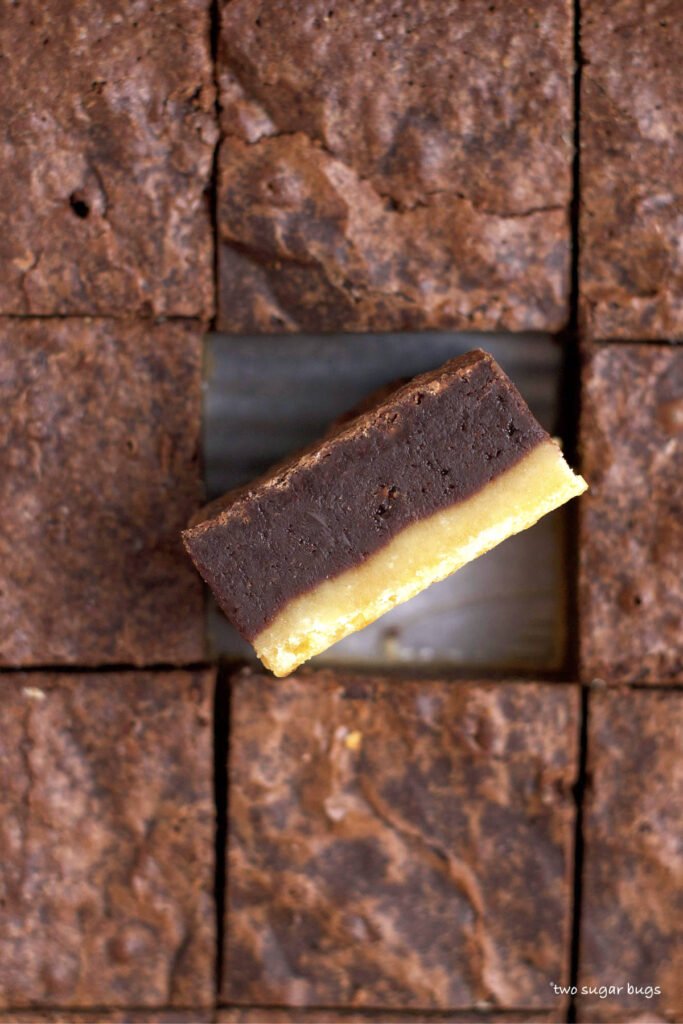 a shortbread brownie on it's side showing the crust and fudgy middle
