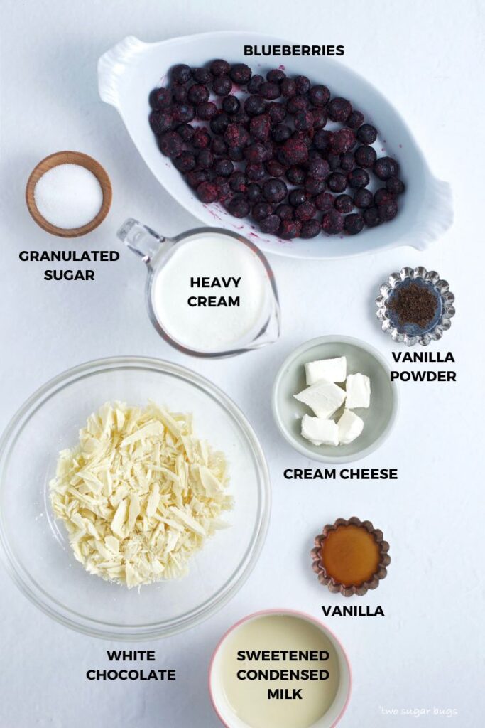 ingredients for white chocolate ice cream with roasted blueberries