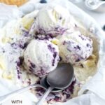 pinterest graphic for white chocolate ice cream with roasted blueberries