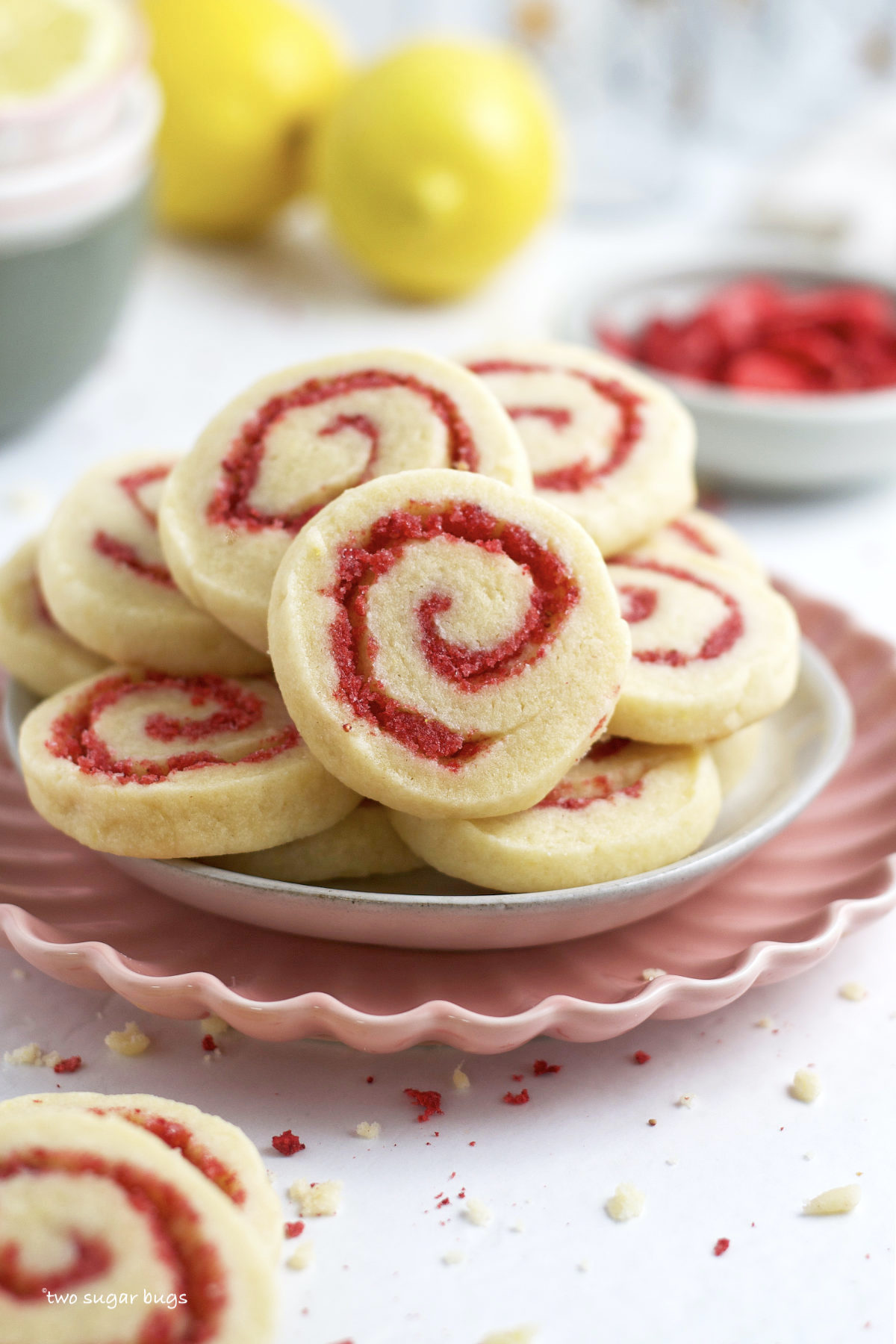 strawberry lemonade cookies piled on a plate