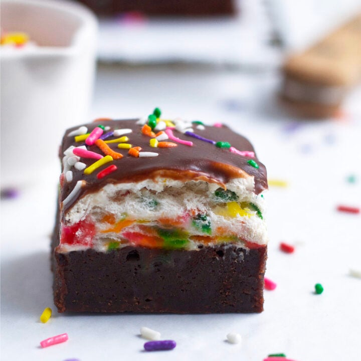 funfetti brownie showing homemade marshmallow fluff center