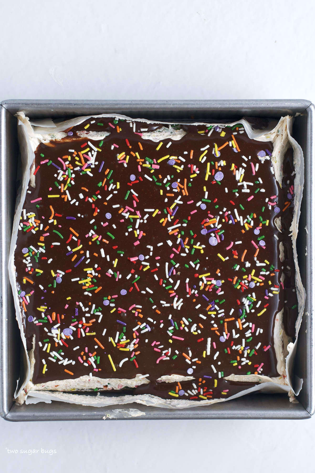 baked funfetti brownies in the baking pan