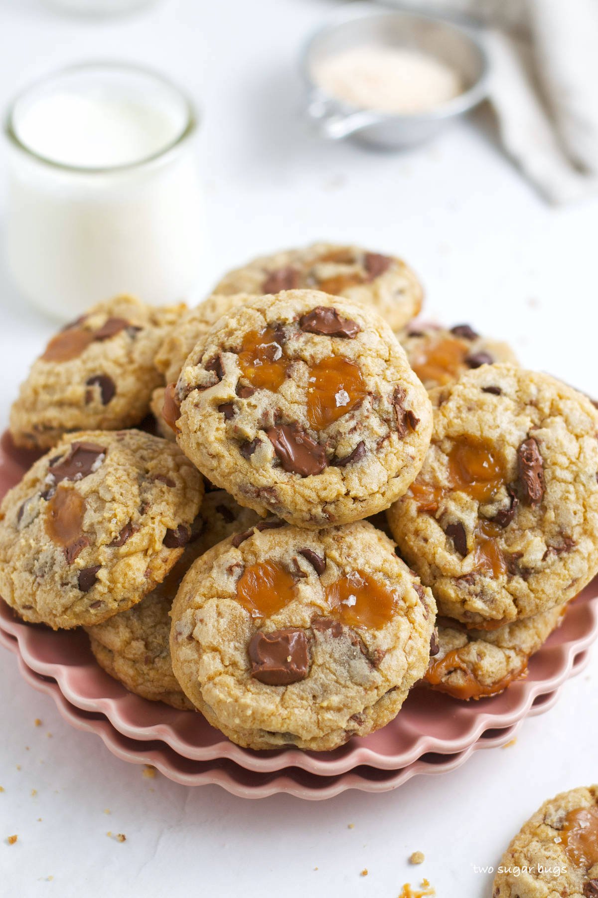 plate of caramel chocolate chip cookies