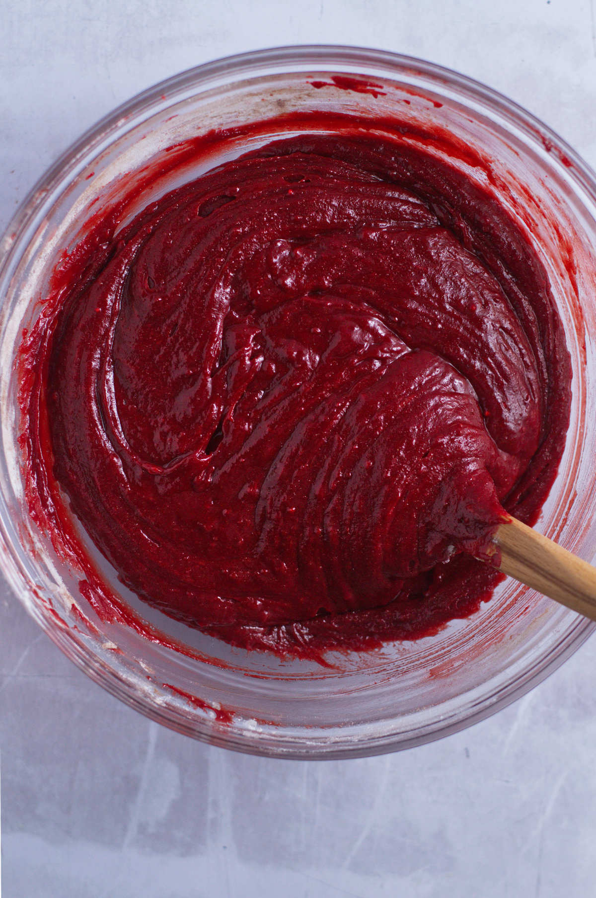 red velvet brownie batter in a mixing bowl