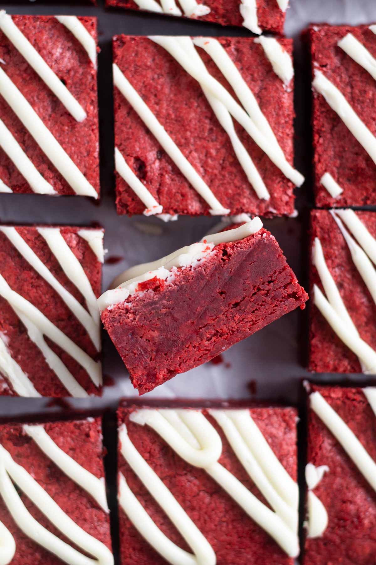 red velvet brownies on parchment paper showing inside texture