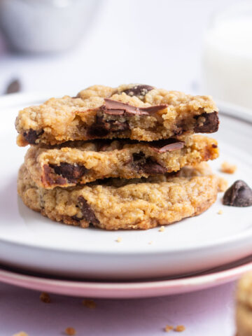 egg free chocolate chip cookies on a plate showing inside texture