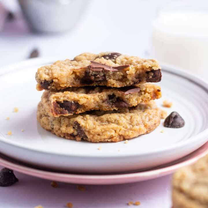 egg free chocolate chip cookies on a plate showing inside texture