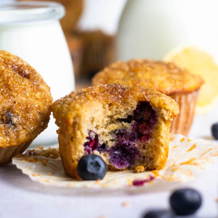healthy lemon blueberry muffin with a bite missing