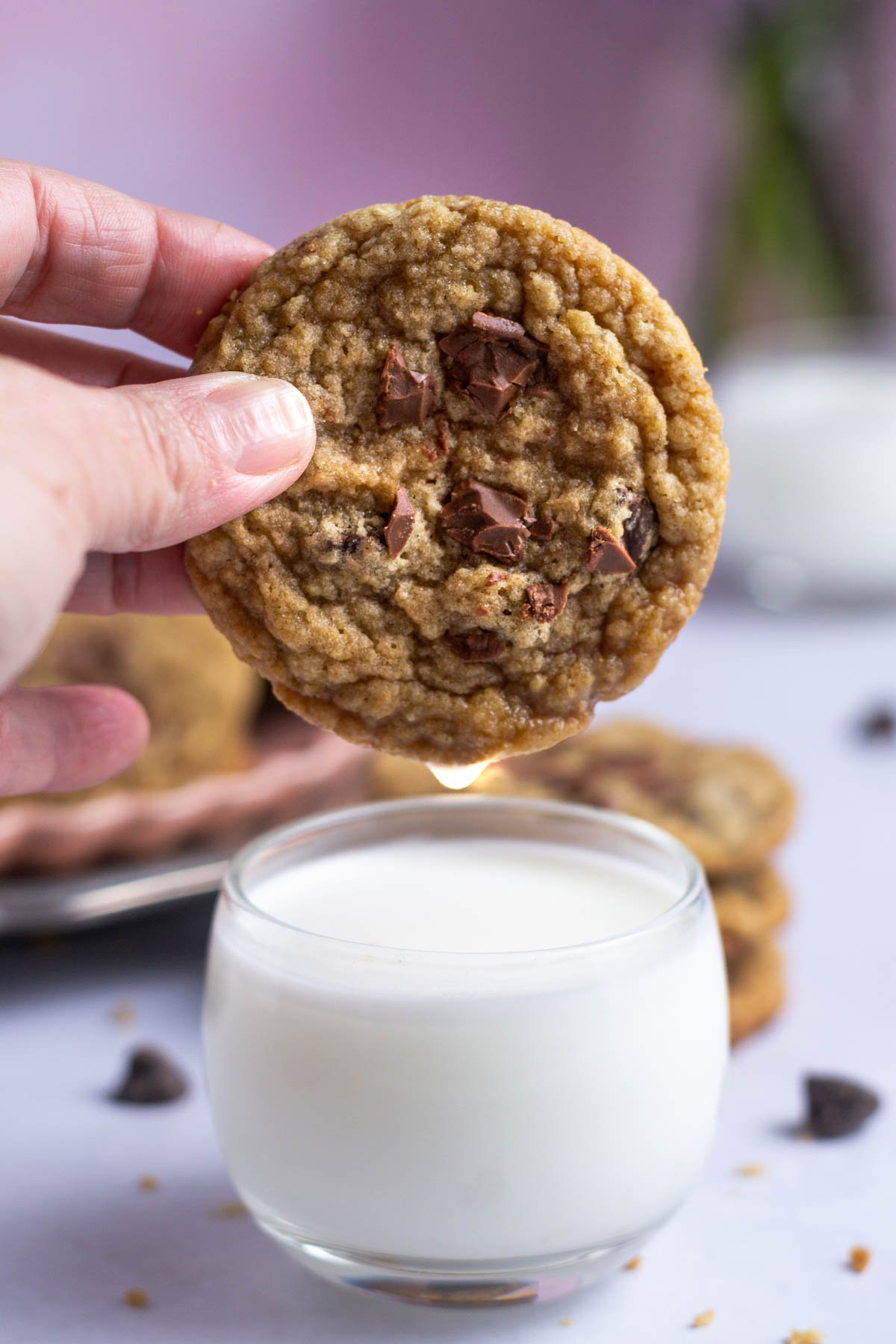 egg free chocolate chip cookies being dipped into milk